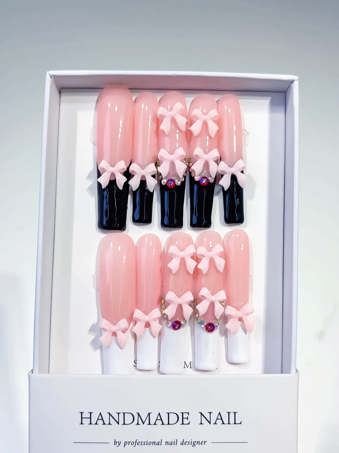 Pink Black White Multicolor French tip Bow Rhinestone 3D press on nails full set view