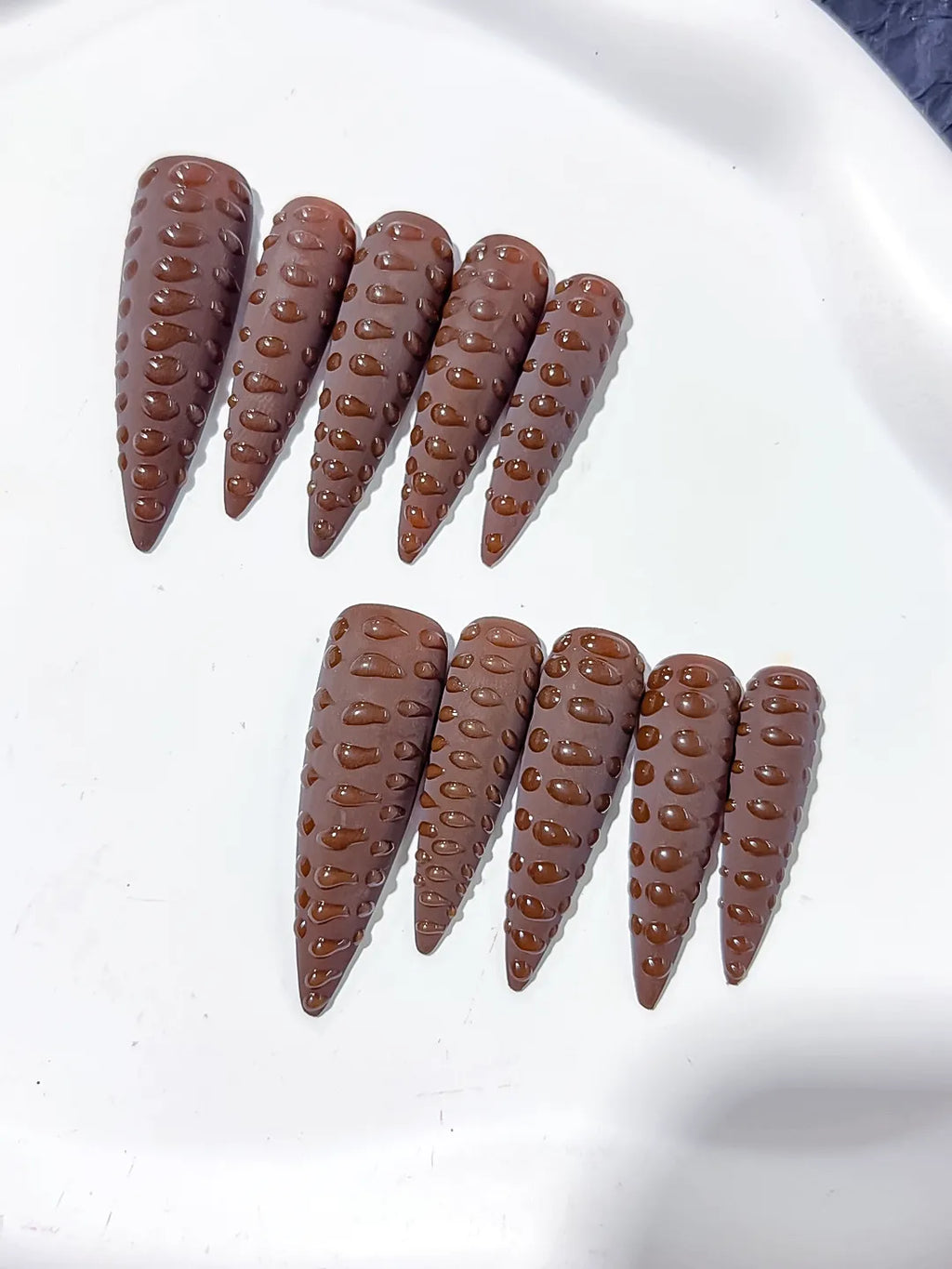 Brown Purple Solid color 3D Texture press on nails detail view