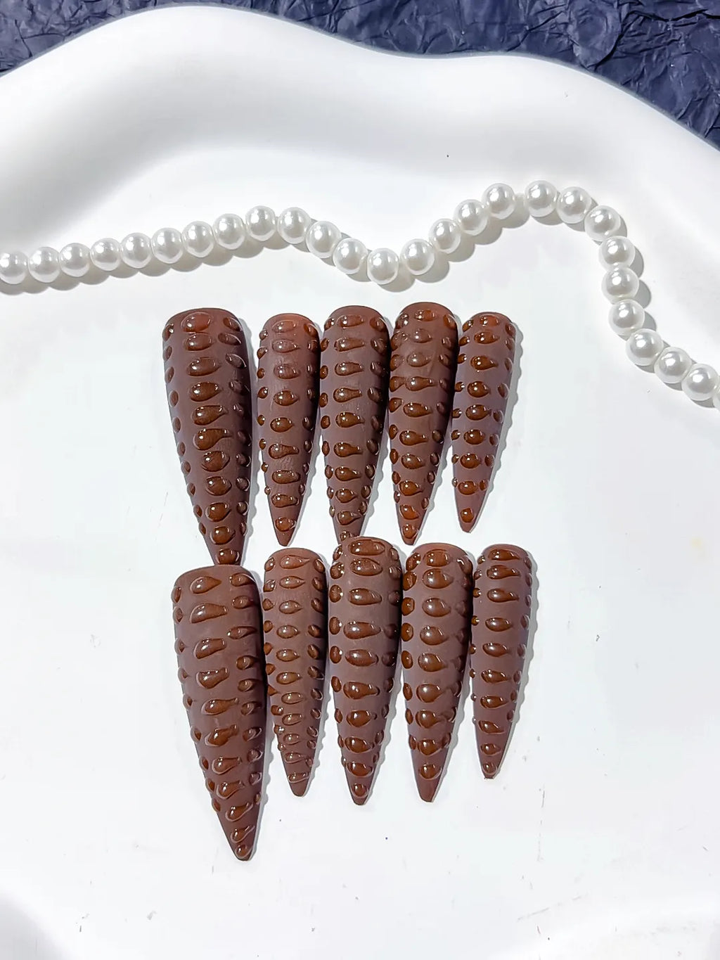 Brown Purple Solid color 3D Texture press on nails detail view