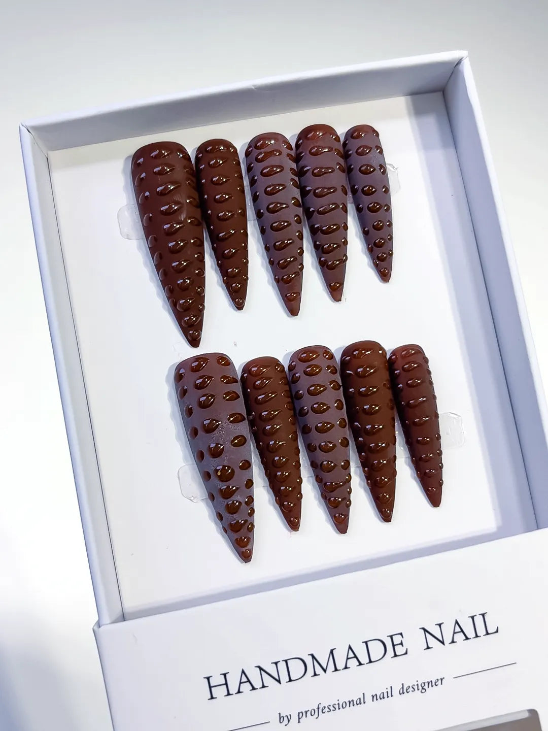 Brown Purple Solid color 3D Texture press on nails angled view