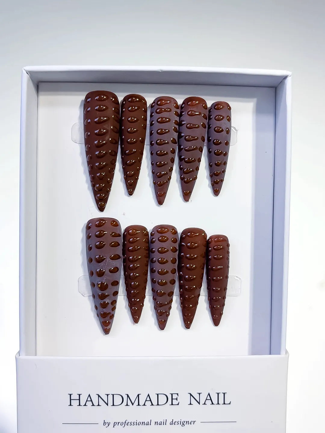 Brown Purple Solid color 3D Texture press on nails full set view