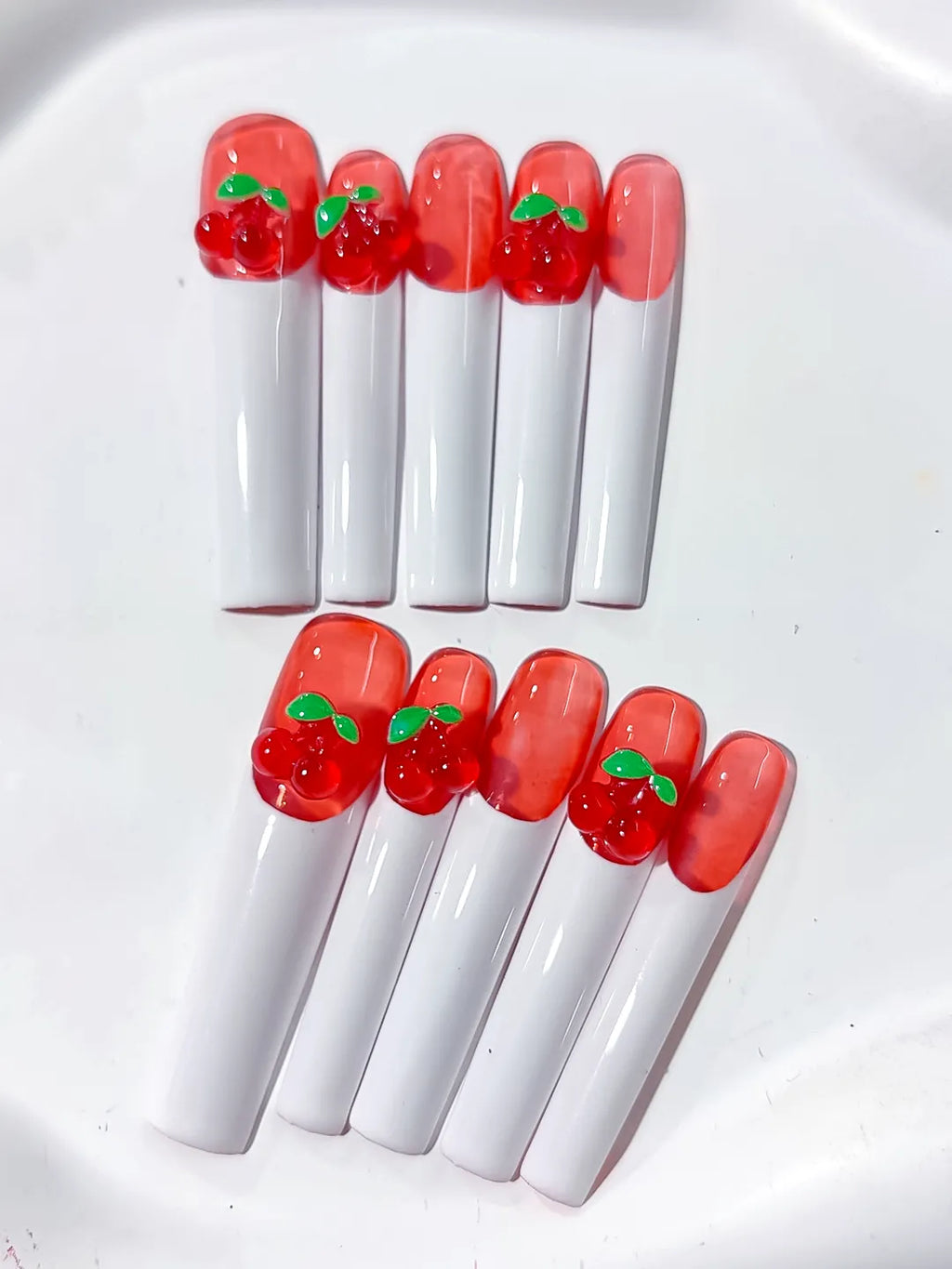 Red White Green Floral Cherry press on nails detail view
