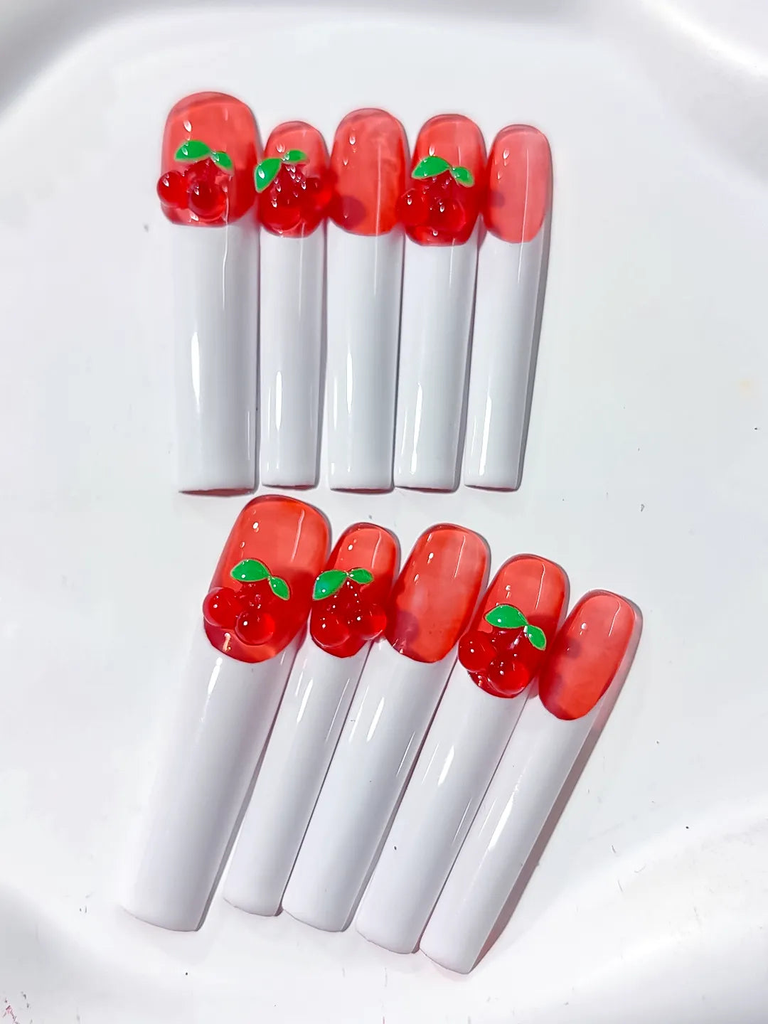 Red White Green Floral Cherry press on nails detail view