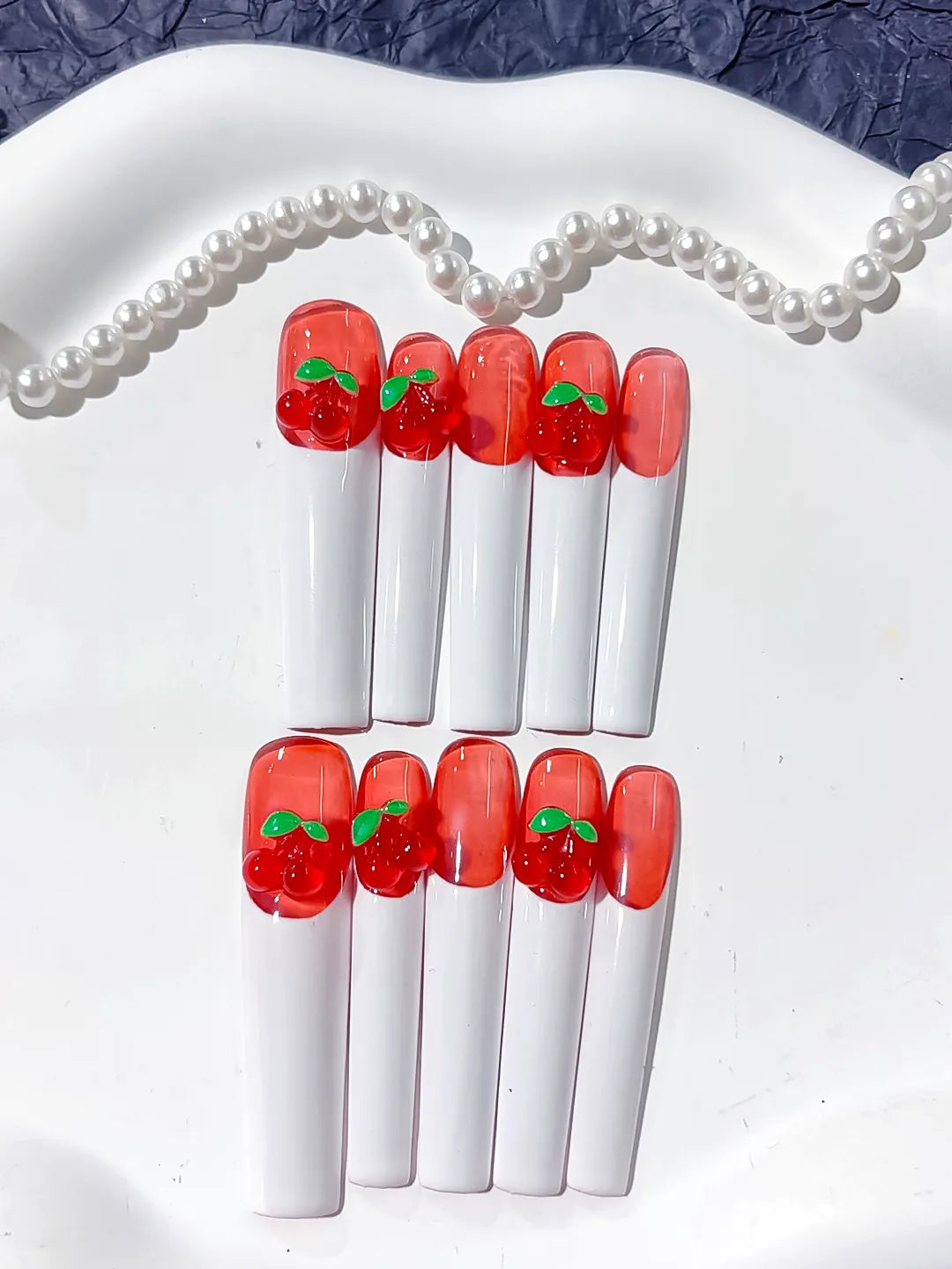 Red White Green Floral Cherry press on nails close up