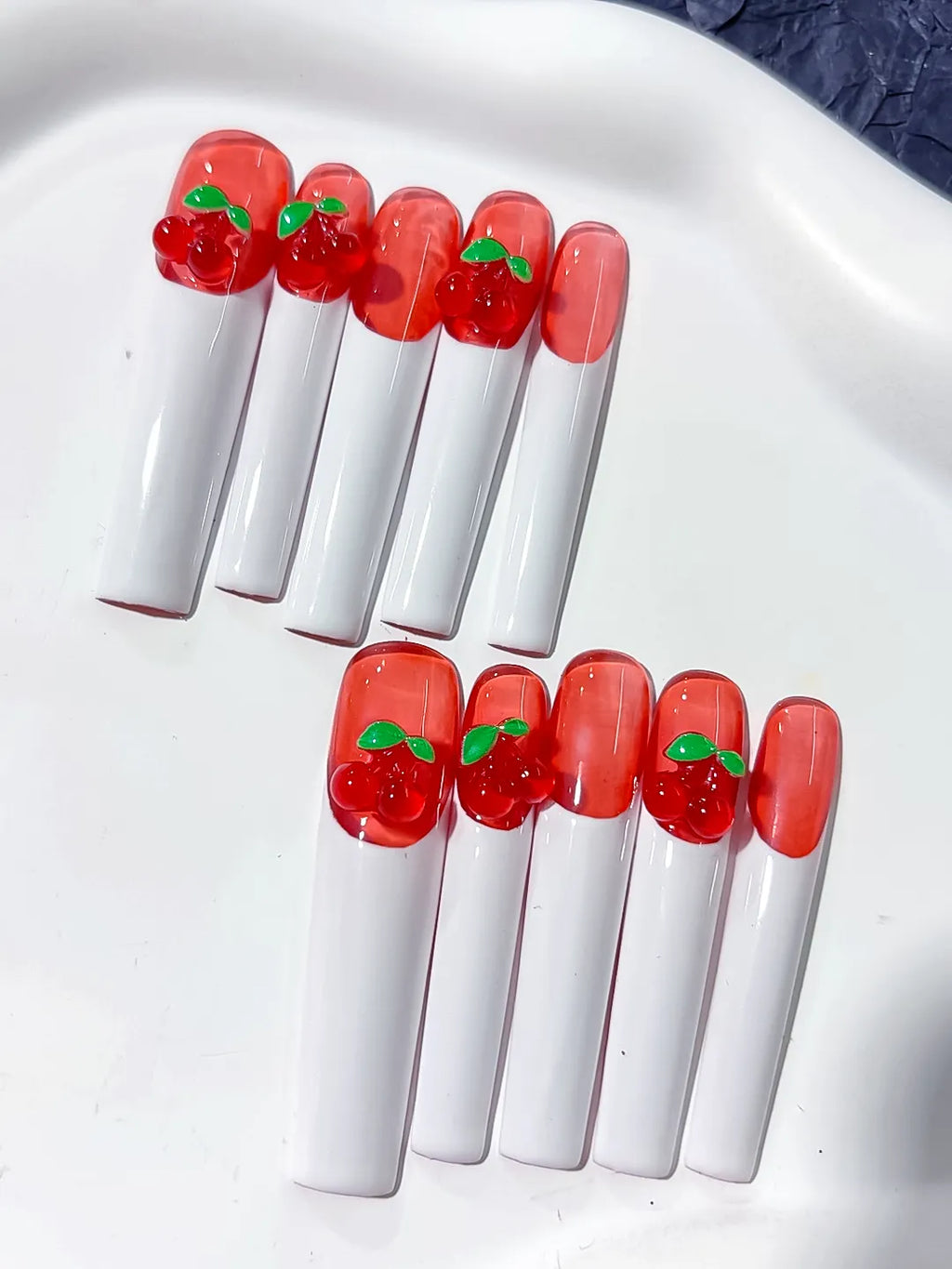 Red White Green Floral Cherry press on nails detail view