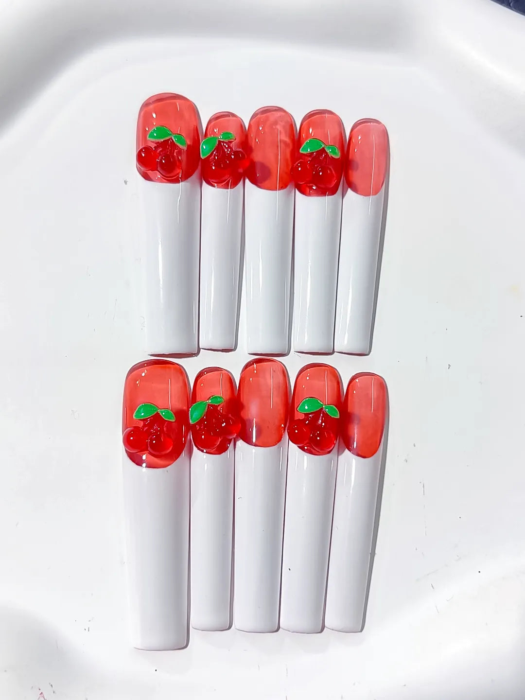 Red White Green Floral Cherry press on nails detail view
