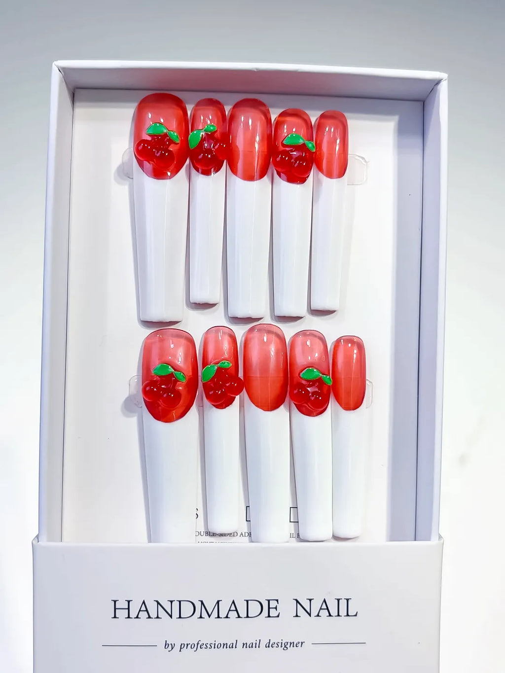 Red White Green Floral Cherry press on nails full set view
