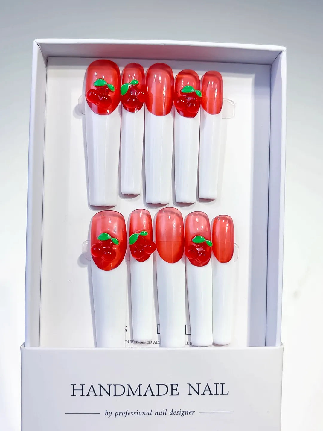 Red White Green Floral Cherry press on nails full set view