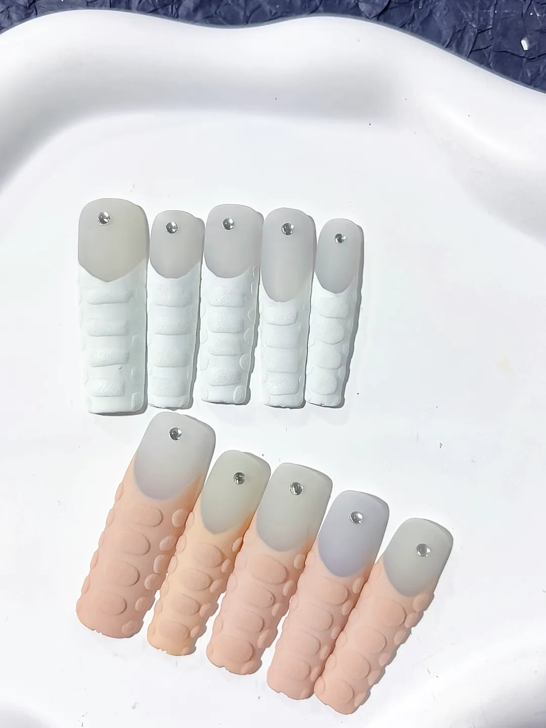White Pink Silver Solid color 3D Texture Rhinestone press on nails close up