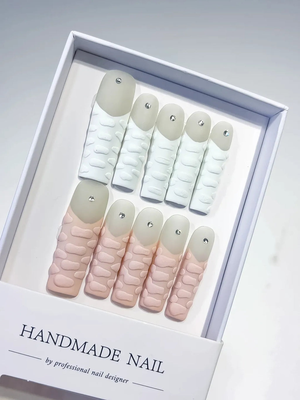 White Pink Silver Solid color 3D Texture Rhinestone press on nails