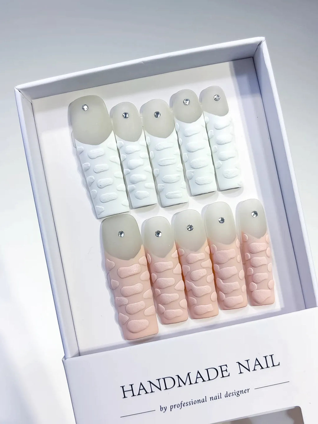 White Pink Silver Solid color 3D Texture Rhinestone press on nails angled view