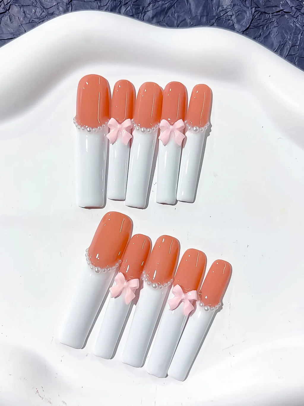 Orange White Pink French tip Bow Pearl 3D press on nails detail view