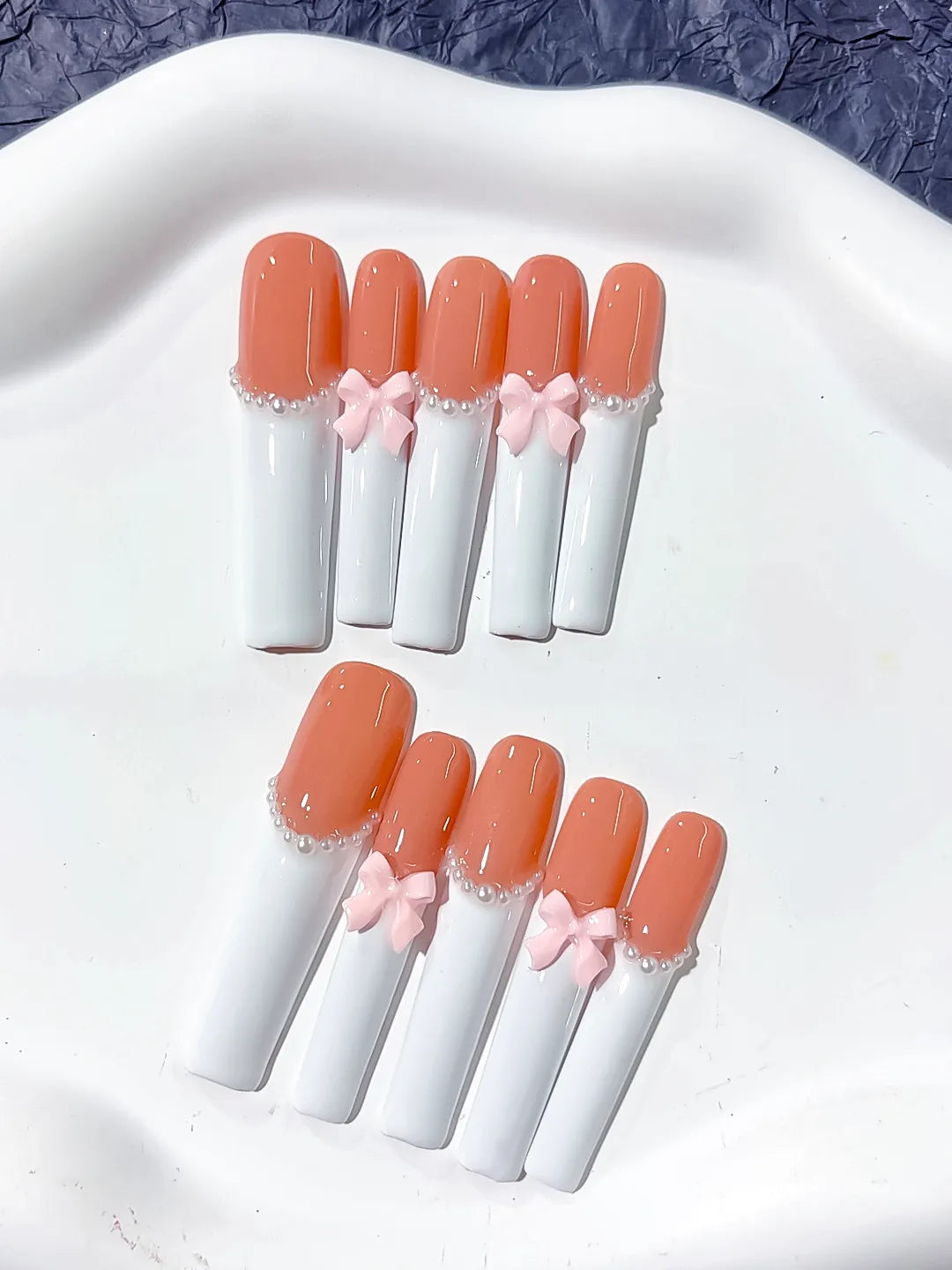 Orange White Pink French tip Bow Pearl 3D press on nails detail view
