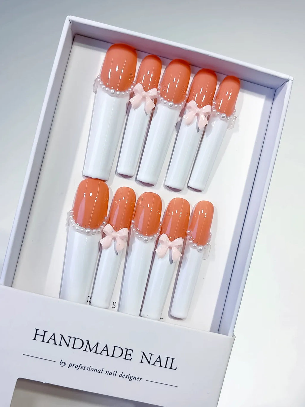 Orange White Pink French tip Bow Pearl 3D press on nails
