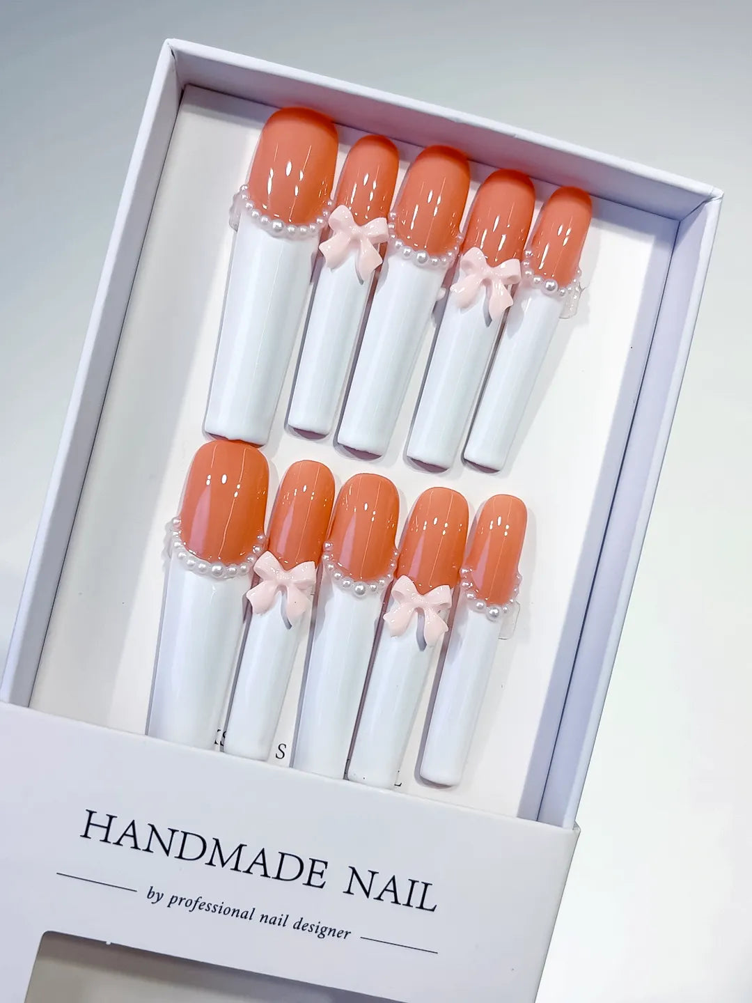 Orange White Pink French tip Bow Pearl 3D press on nails
