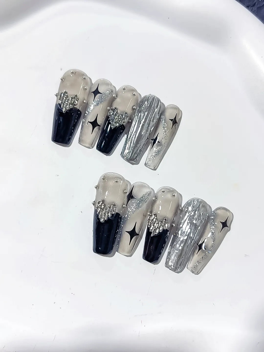 Silver Black Metallic Rhinestone Star Pearl press on nails close up