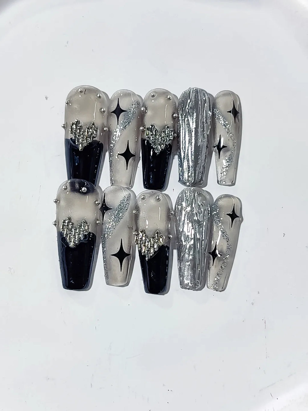 Silver Black Metallic Rhinestone Star Pearl press on nails detail view
