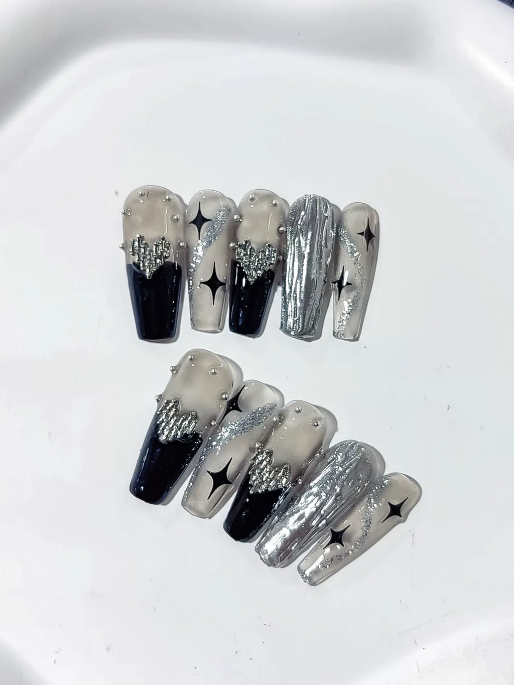 Silver Black Metallic Rhinestone Star Pearl press on nails detail view
