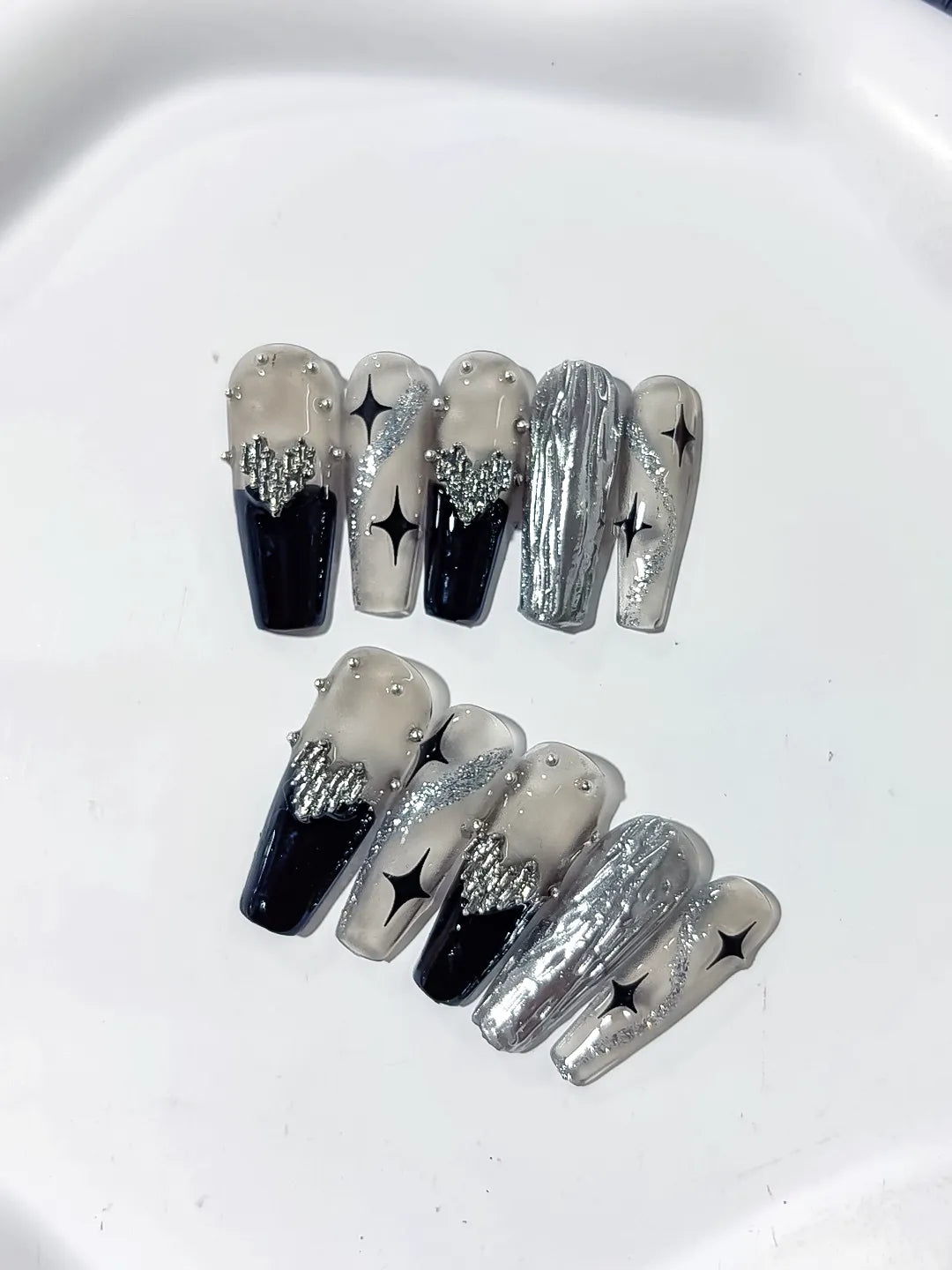 Silver Black Metallic Rhinestone Star Pearl press on nails detail view