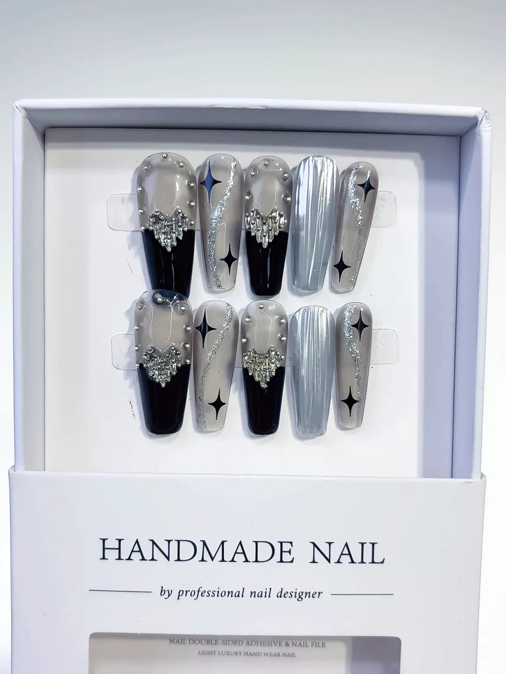 Silver Black Metallic Rhinestone Star Pearl press on nails full set view