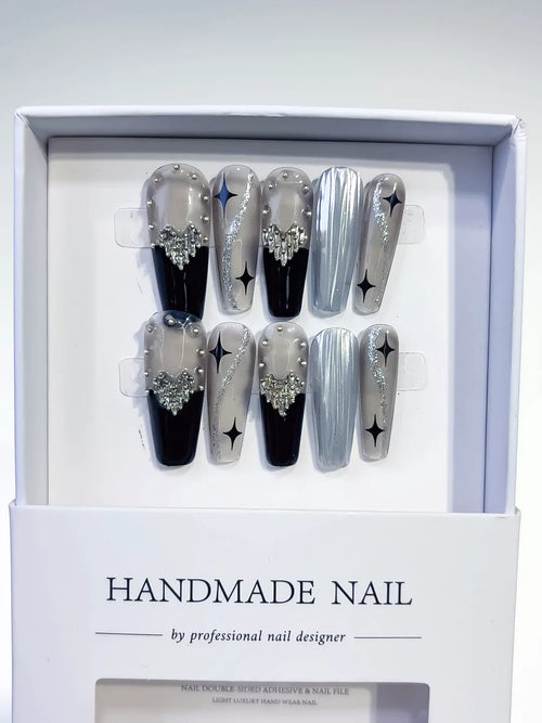 Silver Black Metallic Rhinestone Star Pearl press on nails full set view