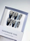Silver Black Metallic Rhinestone Star Pearl press on nails