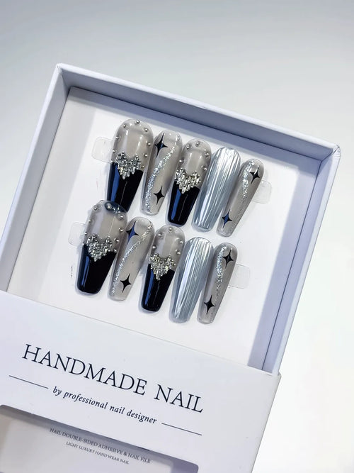 Silver Black Metallic Rhinestone Star Pearl press on nails