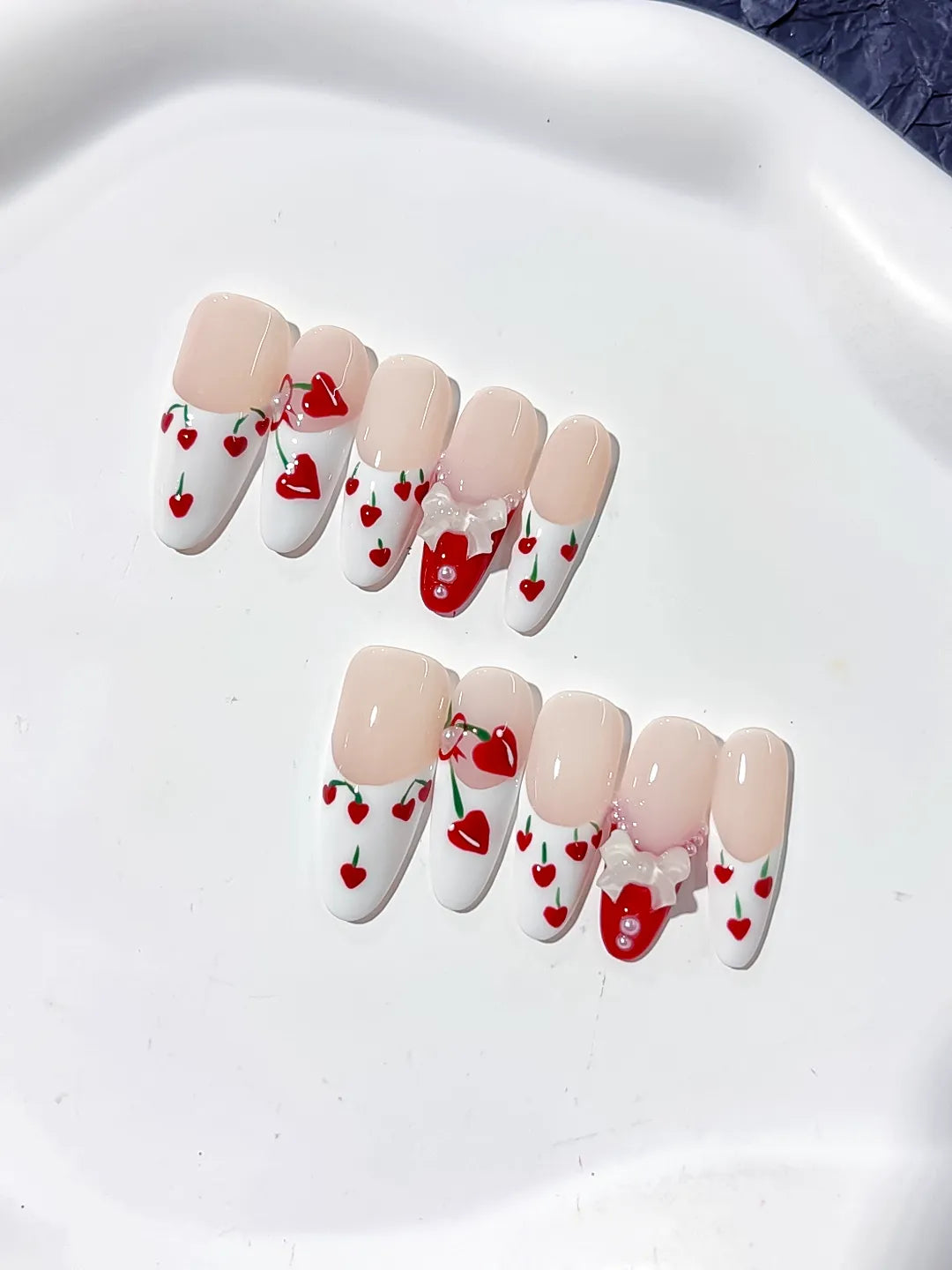 Nude White Red Green Floral Cherry Bow Heart 3D press on nails detail view