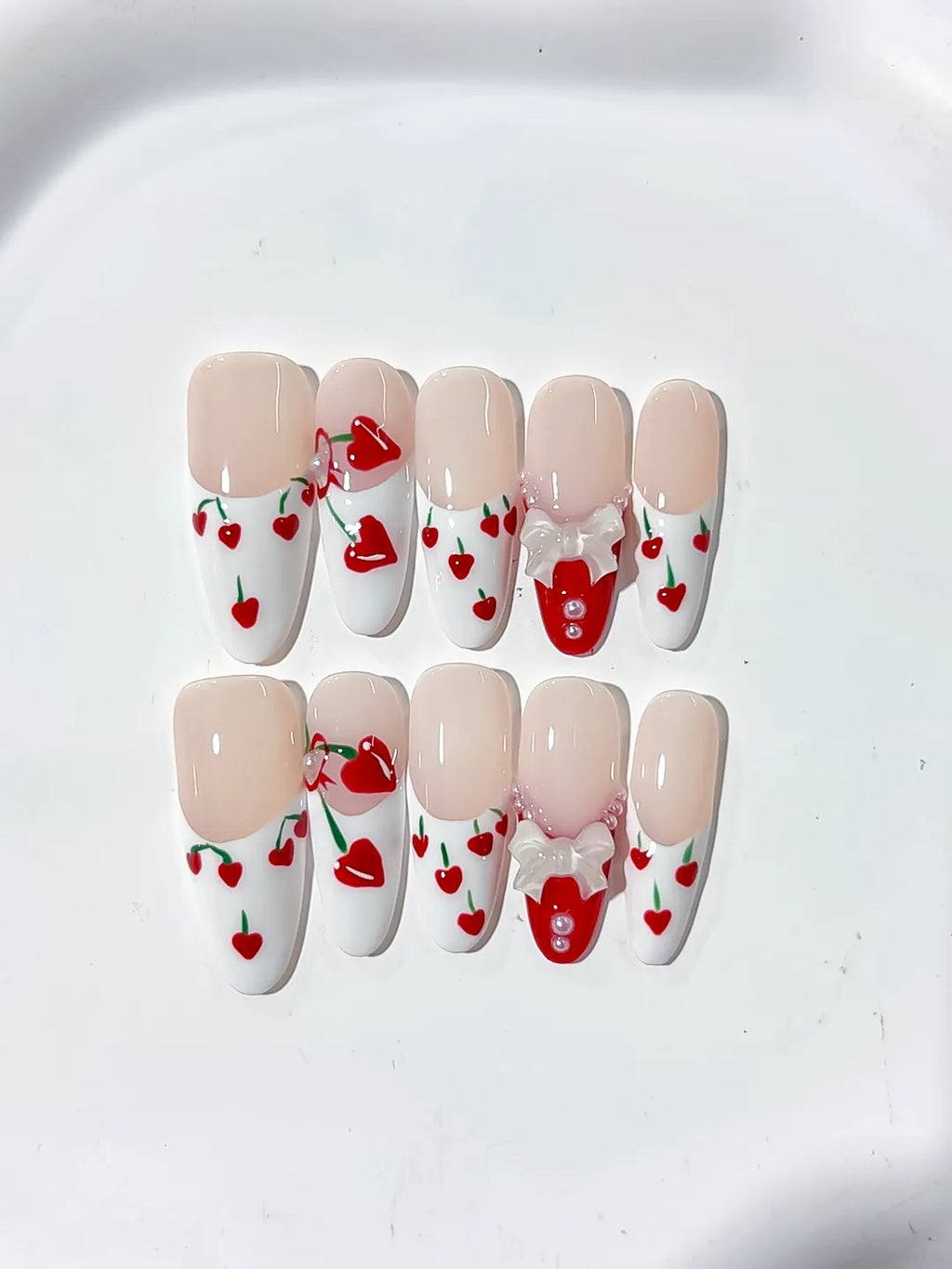 Nude White Red Green Floral Cherry Bow Heart 3D press on nails detail view