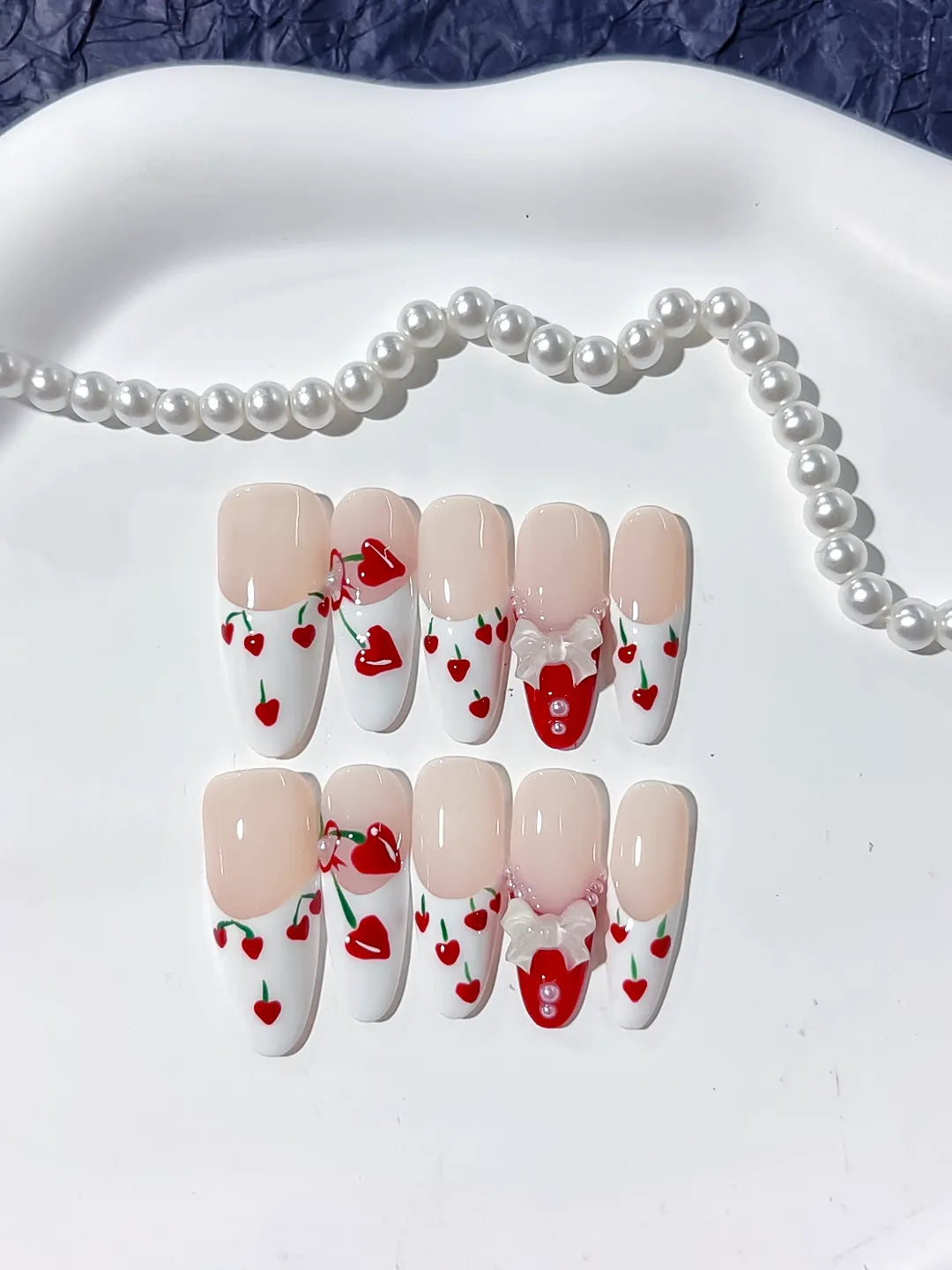 Nude White Red Green Floral Cherry Bow Heart 3D press on nails close up