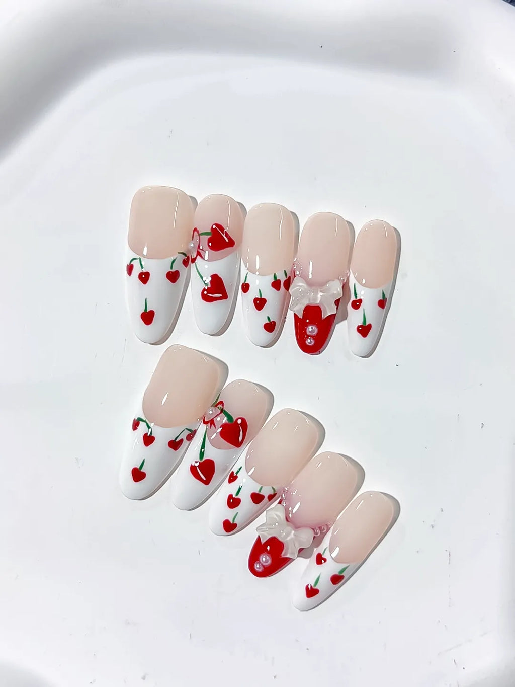 Nude White Red Green Floral Cherry Bow Heart 3D press on nails detail view