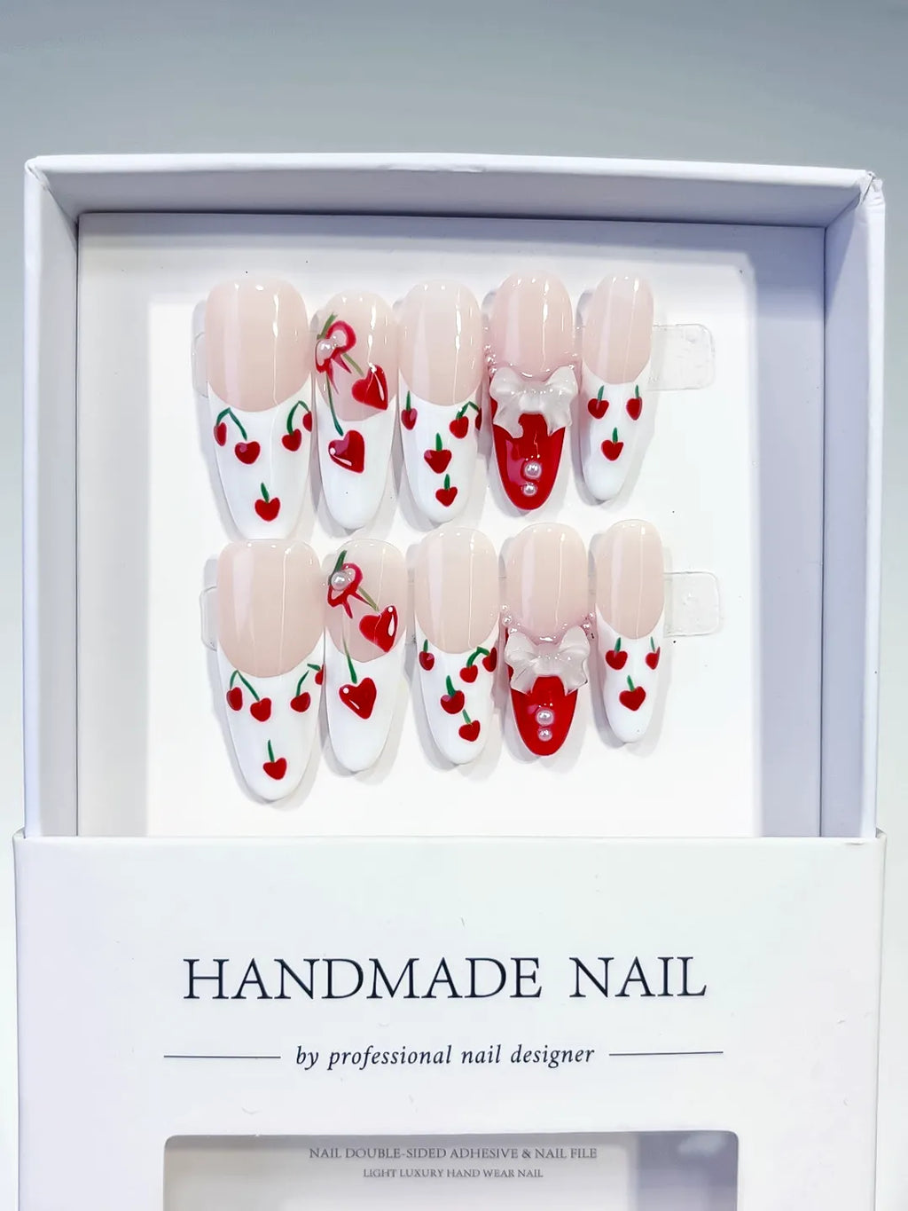 Nude White Red Green Floral Cherry Bow Heart 3D press on nails full set view