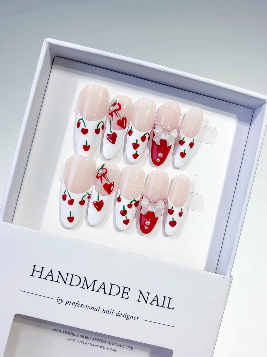 Nude White Red Green Floral Cherry Bow Heart 3D press on nails