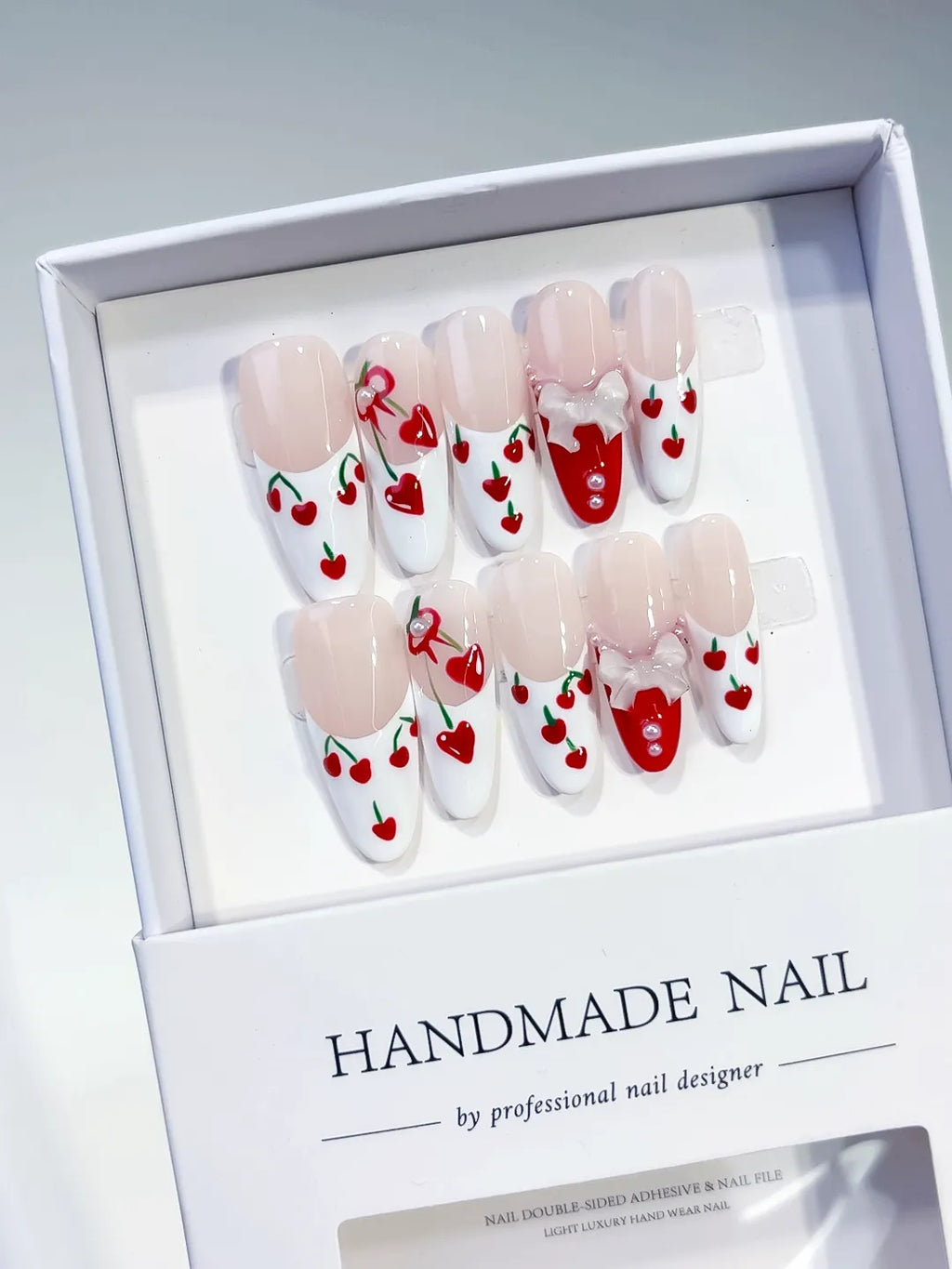 Nude White Red Green Floral Cherry Bow Heart 3D press on nails angled view