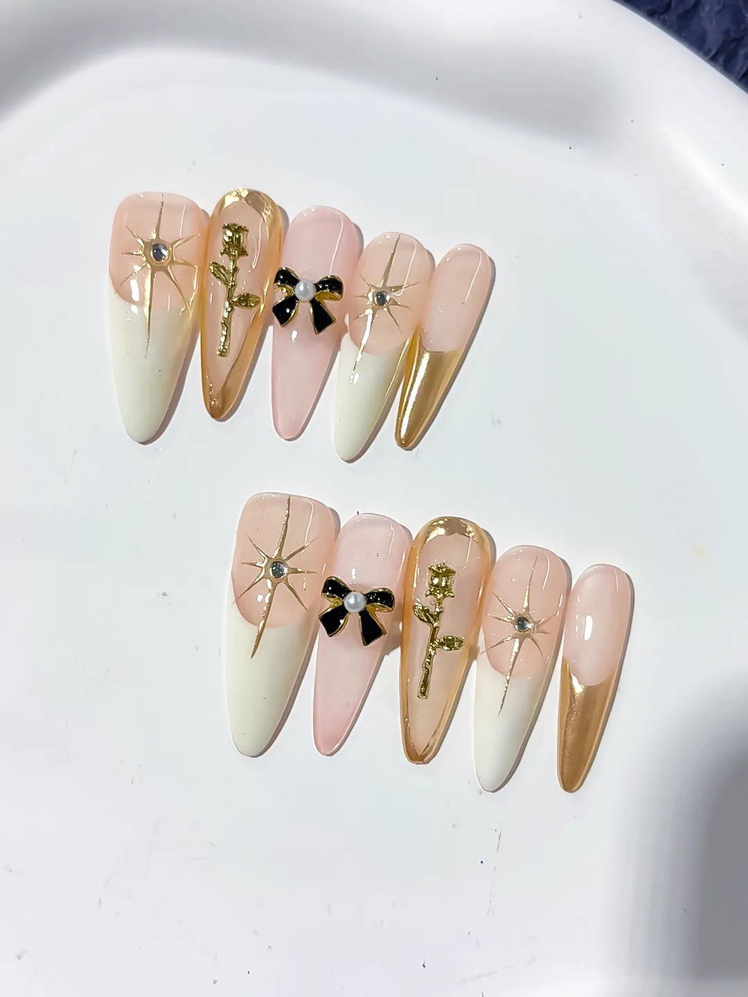 Nude White Gold Black French tip Flower Bow Rose Metallic Accent press on nails detail view