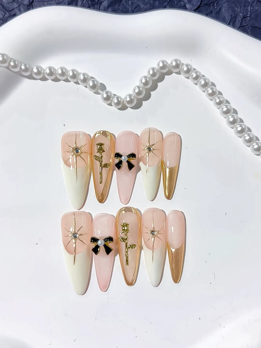 Nude White Gold Black French tip Flower Bow Rose Metallic Accent press on nails close up