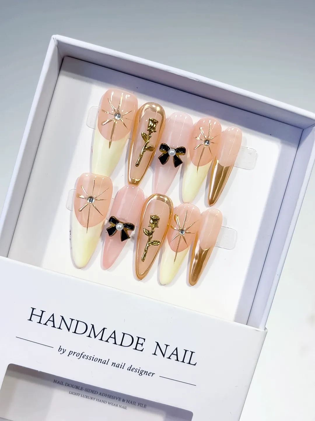 Nude White Gold Black French tip Flower Bow Rose Metallic Accent press on nails