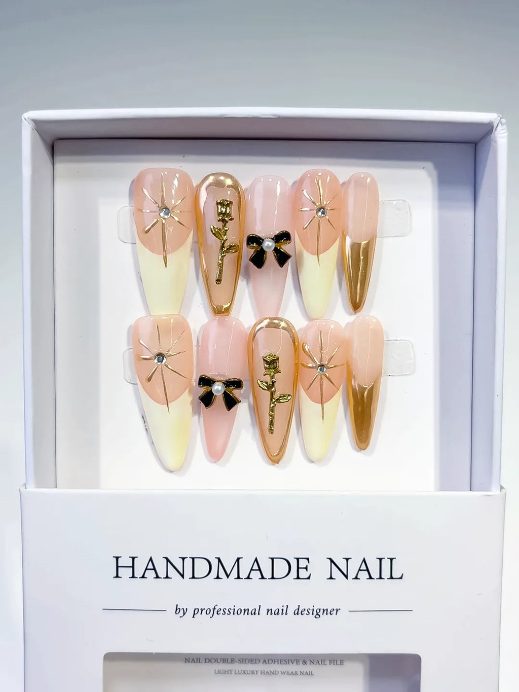 Nude White Gold Black French tip Flower Bow Rose Metallic Accent press on nails full set view