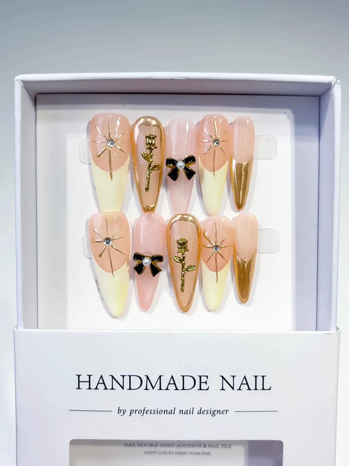 Nude White Gold Black French tip Flower Bow Rose Metallic Accent press on nails full set view