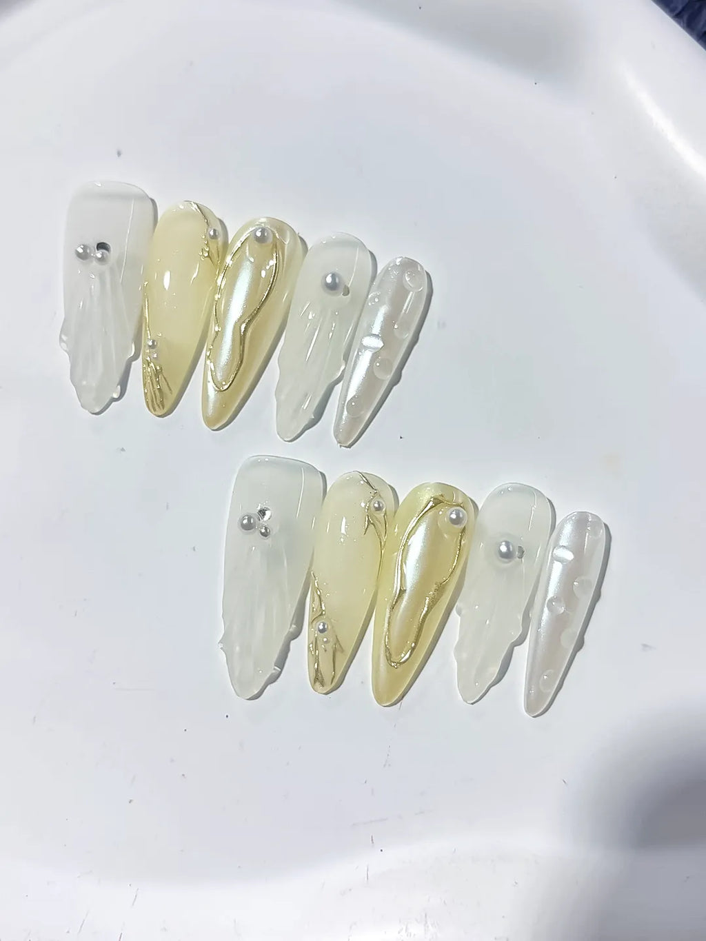 White Gold Silver Holographic Pearl Metallic Accent press on nails close up