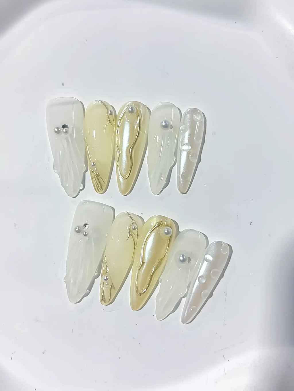 White Gold Silver Holographic Pearl Metallic Accent press on nails detail view