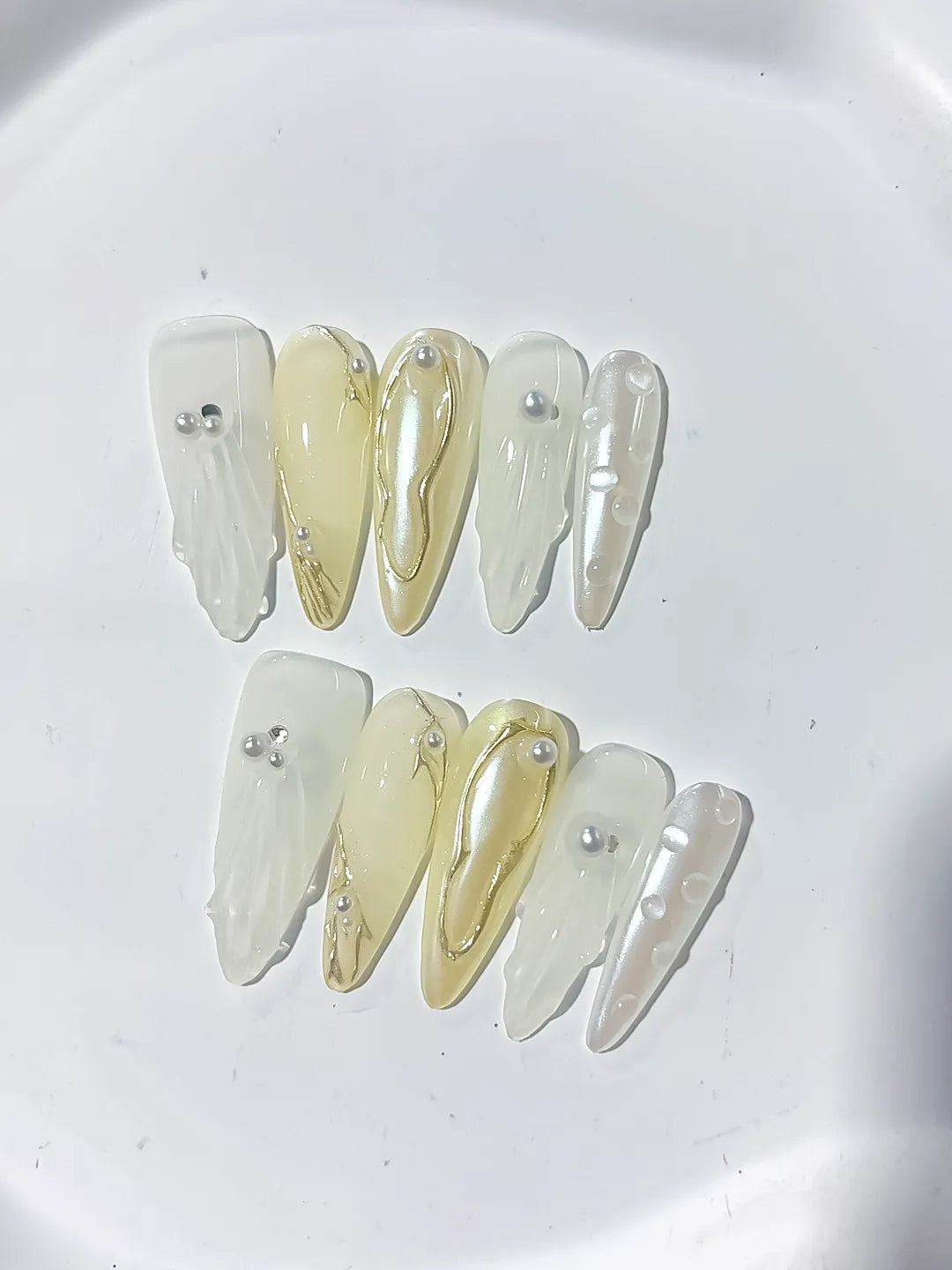 White Gold Silver Holographic Pearl Metallic Accent press on nails detail view