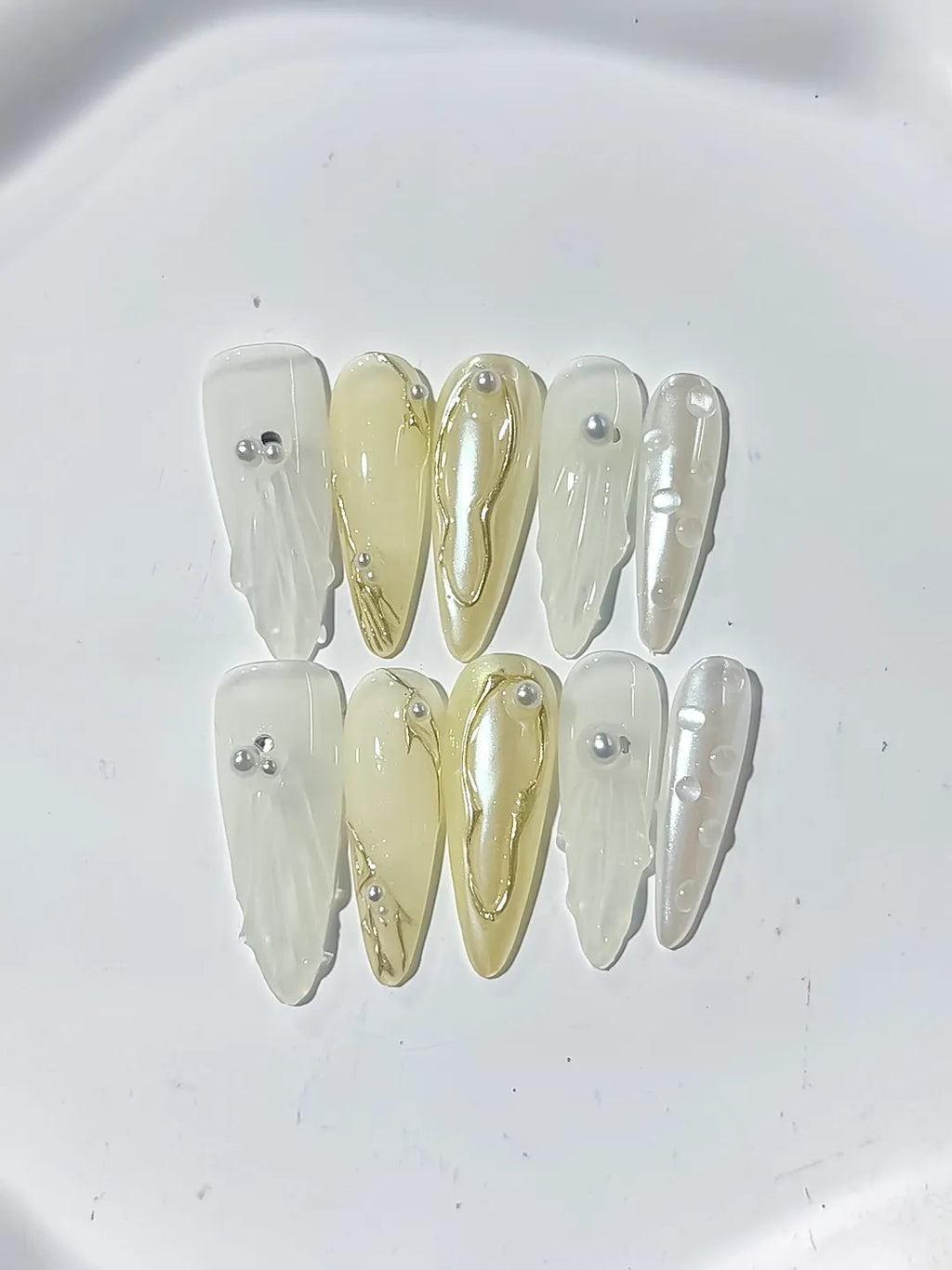 White Gold Silver Holographic Pearl Metallic Accent press on nails detail view