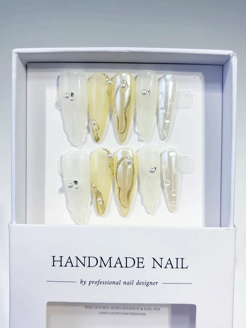 White Gold Silver Holographic Pearl Metallic Accent press on nails full set view