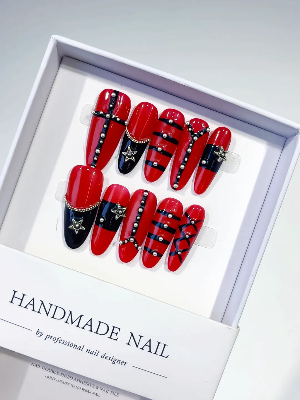 Red Black Silver Abstract Star Chain Stud press on nails