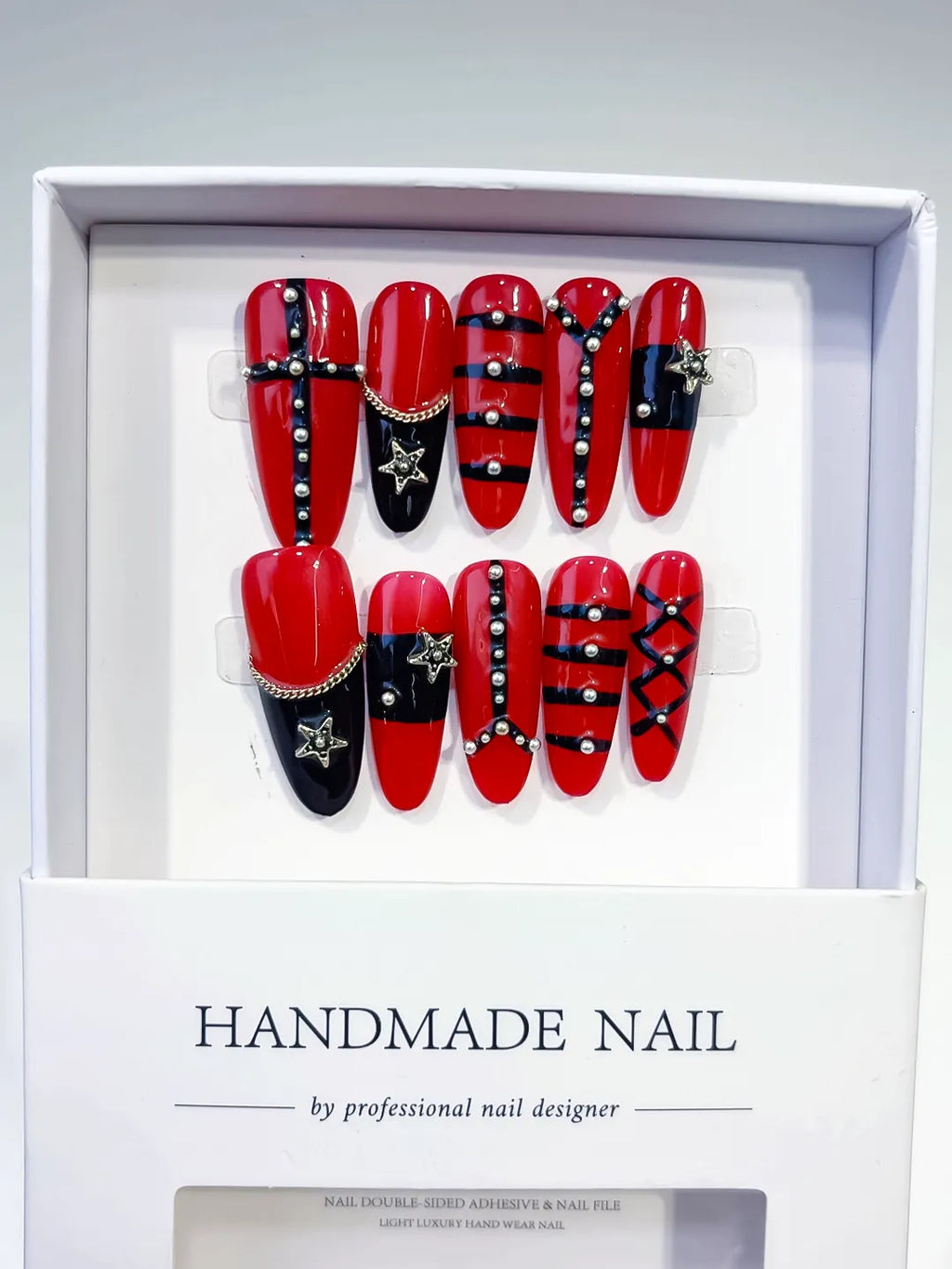 Red Black Silver Abstract Star Chain Stud press on nails full set view