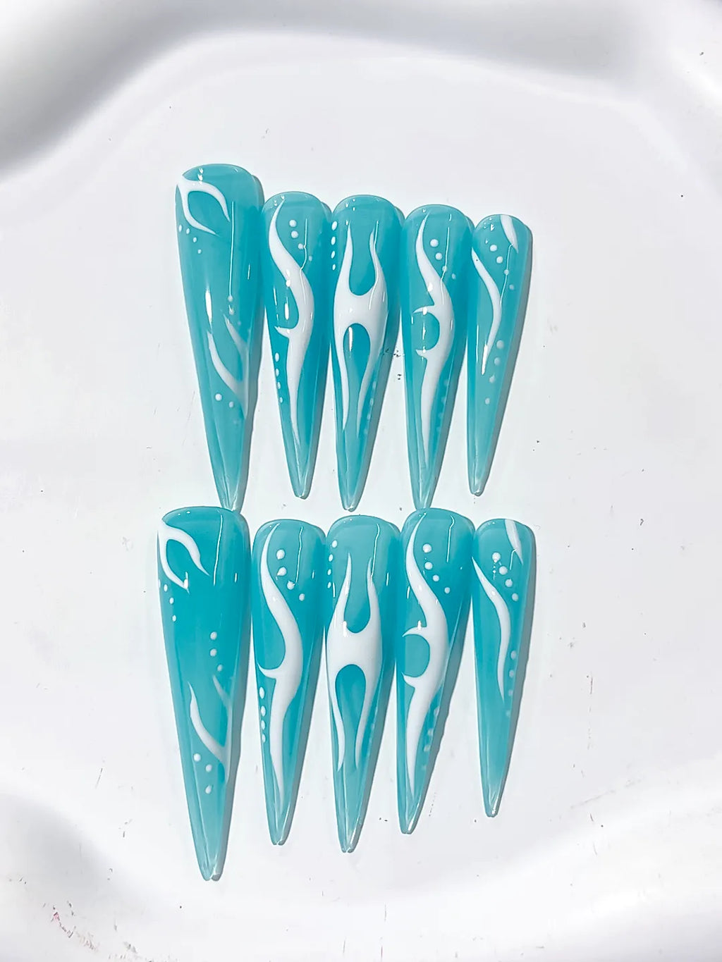 Blue White Abstract Flame press on nails close up