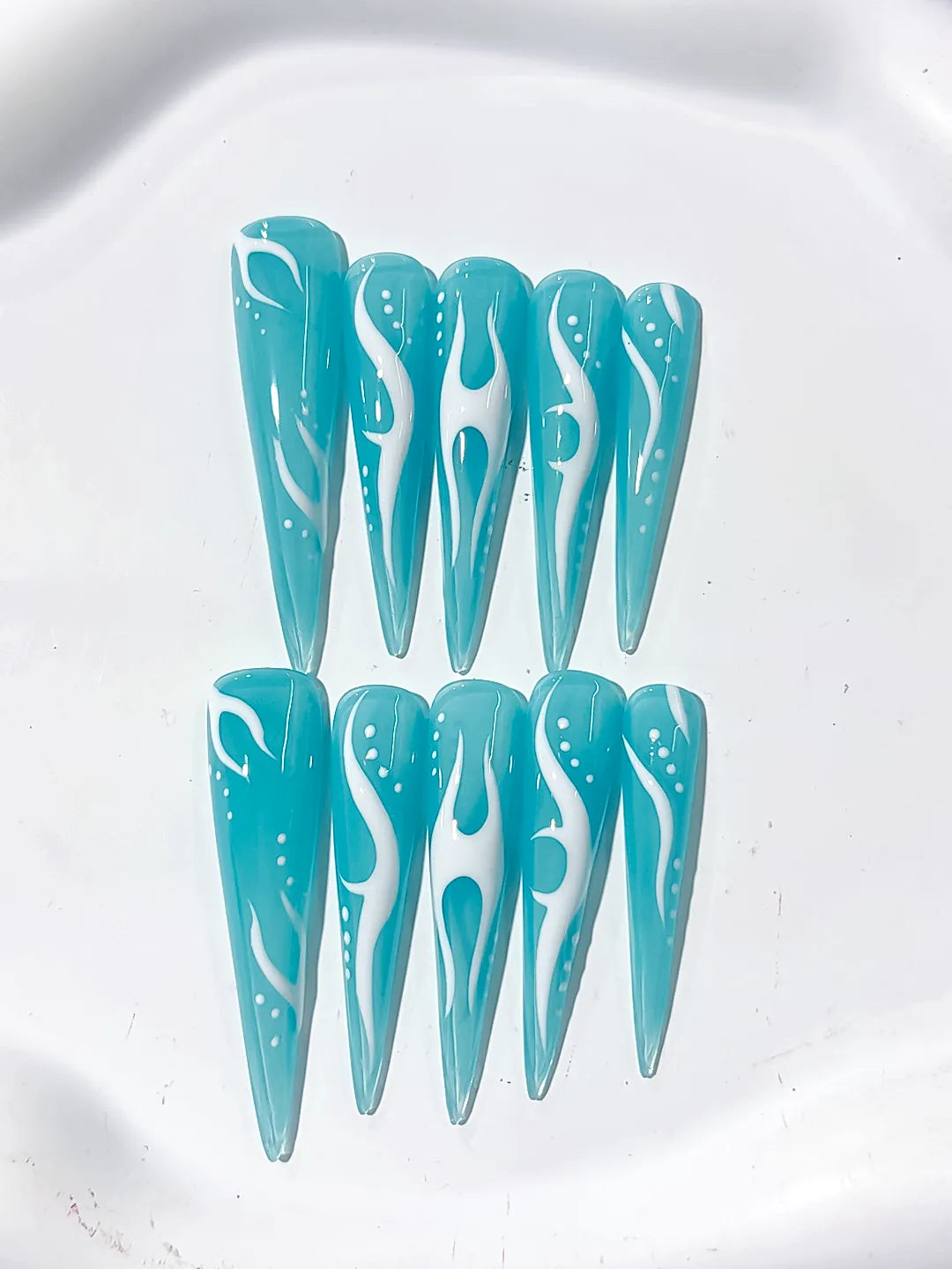 Blue White Abstract Flame press on nails close up