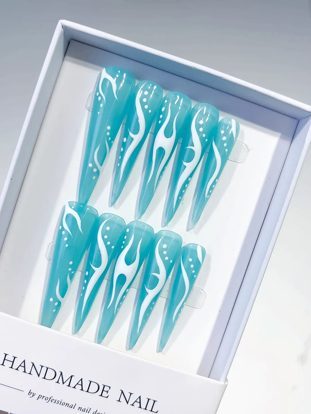 Blue White Abstract Flame press on nails