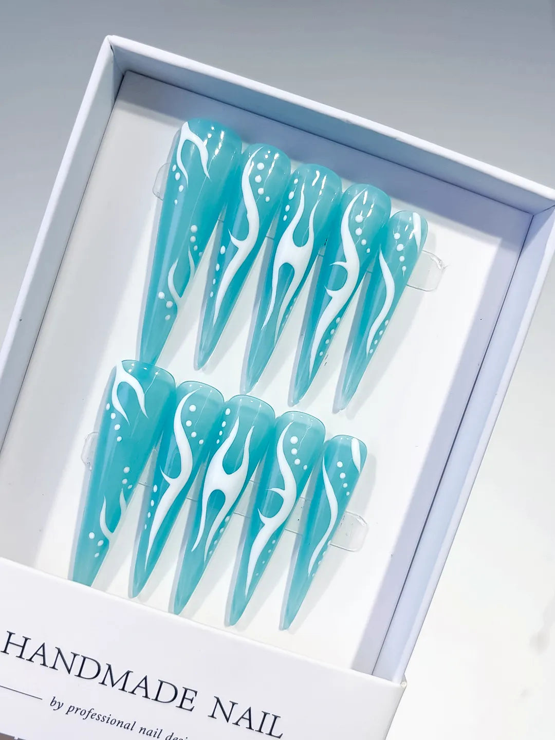 Blue White Abstract Flame press on nails